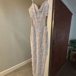 Bella Barnett Pearl-Embellished Midi Dress size S (side cut-outs)